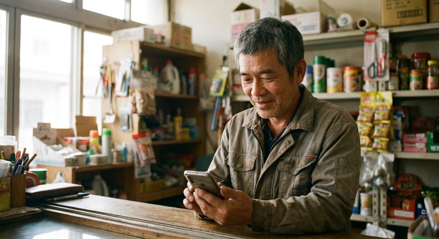 小店老闆站在自己的店裡，看著手機、神情從容